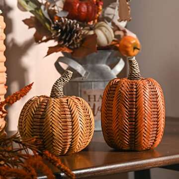 Valery Madelyn Thanksgiving Fall Decoration for Home Pumpkin Decor, 2pcs Resin Artificial Rattan Large Pumpkins Figurine, Autumn Harvest Halloween Party Table Centerpieces Porch Mantel Indoor 6.2 Inch