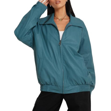 NUFIWI Women's Y2k Oversized Faux Leather Jacket - Stylish Blue Bomber