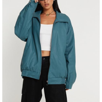 NUFIWI Women Y2k Faux Leather Jacket Stylish Blue Bomber