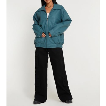 NUFIWI Women Y2k Faux Leather Jacket Stylish Blue Bomber