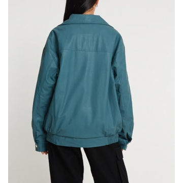 NUFIWI Women Y2k Faux Leather Jacket Stylish Blue Bomber