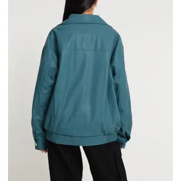 NUFIWI Women Y2k Faux Leather Jacket Stylish Blue Bomber