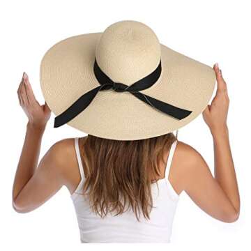 Lanzom Womens Wide Brim Straw Hat Big Floppy Foldable Roll up Cap Beach Sun Hat UPF 50+(Bowknot-Beige)