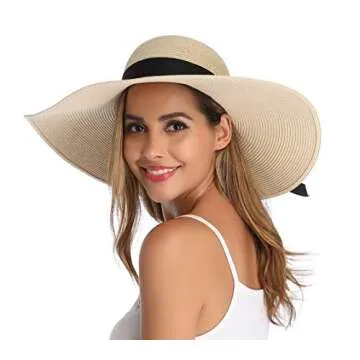 Lanzom Womens Wide Brim Straw Hat Big Floppy Foldable Roll up Cap Beach Sun Hat UPF 50+(Bowknot-Beige)