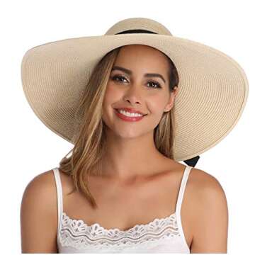 Lanzom Womens Wide Brim Straw Hat Big Floppy Foldable Roll up Cap Beach Sun Hat UPF 50+(Bowknot-Beige)