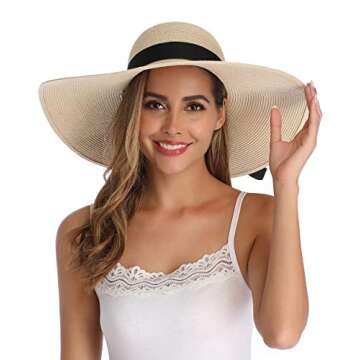 Lanzom Womens Wide Brim Straw Hat Big Floppy Foldable Roll up Cap Beach Sun Hat UPF 50+(Bowknot-Beige)