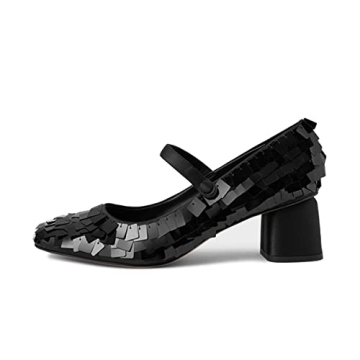 XYD Women Retro Sequins Mid Chunky Block Heel Pumps - Stylish Party Shoes