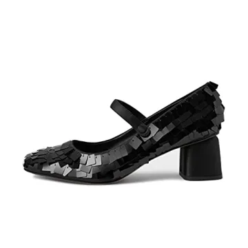 XYD Women Retro Sequins Mid Chunky Block Heel Pumps - Stylish Party Shoes