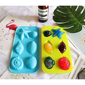 KIUATSJR Ice Cube Trays Silicone Mold for Ice, Jelly, Chocolate and Soap - 6 Starfish Conch Shell Shape Ice Mold, Set of 2