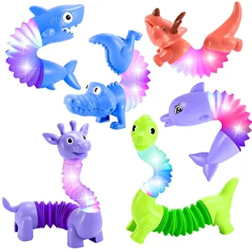 Delighkidz Animals Easter Fidget Toys: 6 Pack LED Animal Pop Tubes for Kids 2-7
