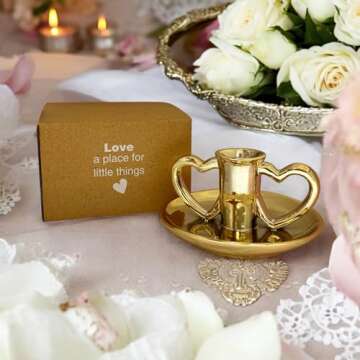 Double Heart Shaped Ceramic Candle Holder with Plate, Trinket Tray for Valentine's Day Gold