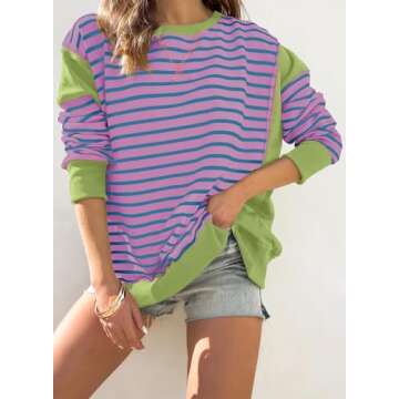 SHEWIN Crewneck Sweatshirts Women Fall 2024 Striped Color Block Long Sleeve Fashion Casual Loose Y2K Pullover Tops Clothes Outfits Pink Medium