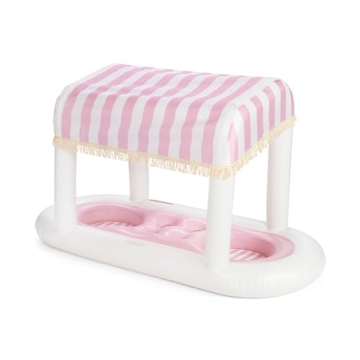 FUNBOY Giant Floating Pink Cabana Stripe Drink Station, Removable Fabric Shade with Fringe, Perfect for Parties, Table-top Decorations and in-Pool Refreshments.