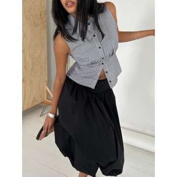 Sunloudy Women's Y2K Sleeveless Plaid Blouse V Neck Button Down Slim Fit Crop Shirt Coquette Preppy Aesthetic Tee