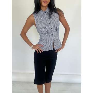 Sunloudy Women's Y2K Sleeveless Plaid Blouse V Neck Button Down Slim Fit Crop Shirt Coquette Preppy Aesthetic Tee