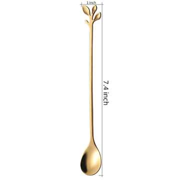 AnSaw 6-Piece Elegant Gold Leaf Long Handle Teaspoons - 7.4" Stainless Steel Stir Spoons for Coffee ...