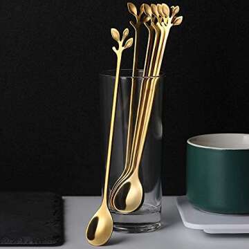AnSaw 6-Piece Elegant Gold Leaf Long Handle Teaspoons - 7.4" Stainless Steel Stir Spoons for Coffee & Tea, Perfect for Mixing & Stirring