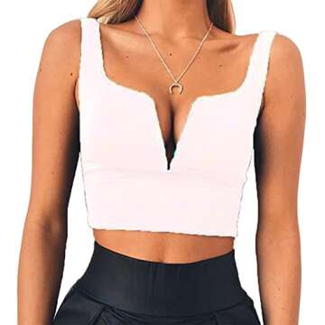 Susupeng Women Sexy Deep V Neck Sleeveless T Shirt Slim Crop Top Side Zip Casual Tank Tops (Medium, White)