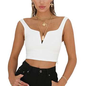 Susupeng Women Sexy Deep V Neck Sleeveless T Shirt Slim Crop Top Side Zip Casual Tank Tops (Medium, White)