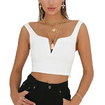 Susupeng Women Sexy Deep V Neck Sleeveless T Shirt Slim Crop Top Side Zip Casual Tank Tops (Medium, White)
