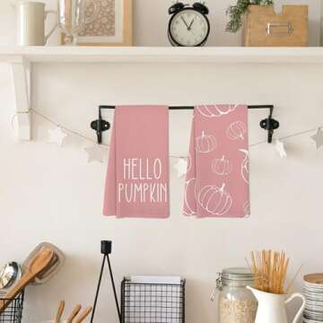 Yorhifa Hello Pumpkin Kitchen Towels Set of 2, Fall Hand Towel Tea Towels for Bathroom Decor, Autumn Harvest Kitchen Towels, Fall Towels Kitchen, Pink Pumpkin Kitchen Towles for Kitchen, 16x24inch