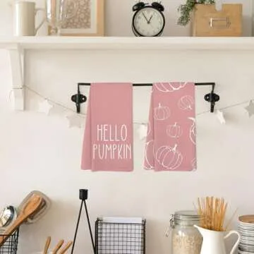 Yorhifa Hello Pumpkin Kitchen Towels Set of 2, Fall Hand Towel Tea Towels for Bathroom Decor, Autumn Harvest Kitchen Towels, Fall Towels Kitchen, Pink Pumpkin Kitchen Towles for Kitchen, 16x24inch