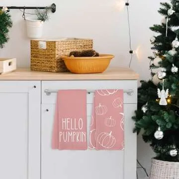 Yorhifa Hello Pumpkin Kitchen Towels Set of 2, Fall Hand Towel Tea Towels for Bathroom Decor, Autumn Harvest Kitchen Towels, Fall Towels Kitchen, Pink Pumpkin Kitchen Towles for Kitchen, 16x24inch