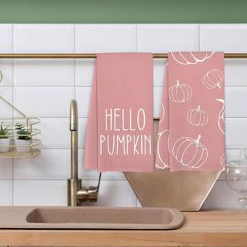 Yorhifa Hello Pumpkin Kitchen Towels Set of 2, Fall Hand Towel Tea Towels for Bathroom Decor, Autumn Harvest Kitchen Towels, Fall Towels Kitchen, Pink Pumpkin Kitchen Towles for Kitchen, 16x24inch