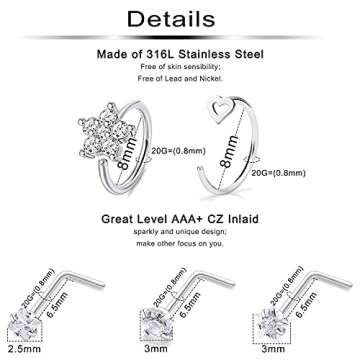Ftovosyo 20G Surgical Steel Nose Rings Hoop for Women Men, Paved CZ Flower Piercing Jewelry L Shaped...