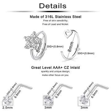 Ftovosyo 20G Surgical Steel Nose Rings Hoop for Women Men, Paved CZ Flower Piercing Jewelry L Shaped...