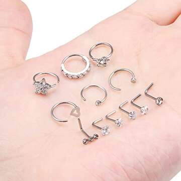 Ftovosyo 20G Surgical Steel Nose Rings Hoop for Women Men, Paved CZ Flower Piercing Jewelry L Shaped Nose Ring Stud Set