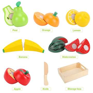 WHOHOLL Wooden Play Food with Wooden Tray & Knife, Pretend Play Cutting Food Toys, Fruits Toy Food S...