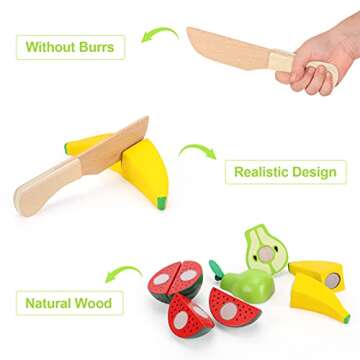 WHOHOLL Wooden Play Food with Wooden Tray & Knife, Pretend Play Cutting Food Toys, Fruits Toy Food Sets for Kids Kitchen, Mini Food Toy, Montessori Toys Learning Resources for 1-5 Year Old Toddlers