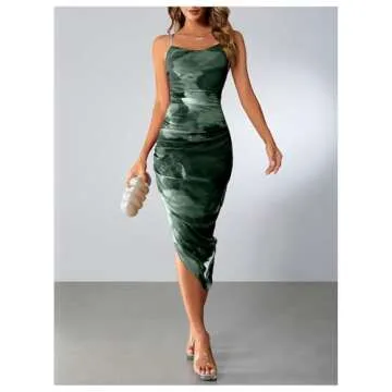 SOLY HUX Women's Tie Dye Cowl Neck Split Hem Bodycon Cami Dress Backless Long Dresses Army Green S