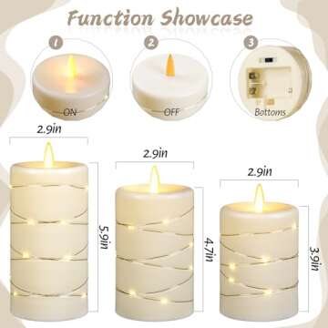 Da by Flameless Candle with Recessed Star String Light, Dynamic Flame Candle Battery-Powered Candle with Timer and Remote Control - Set of 3