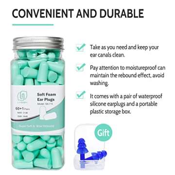 LYSIAN Ultra Soft Foam Earplugs for Sleep - 38dB Sleeping Ear Plugs Noise Cancelling, Reduction, Soud Proof, Work, Travel and Shooting Range -60 Pairs Value Pack(Water Blue)