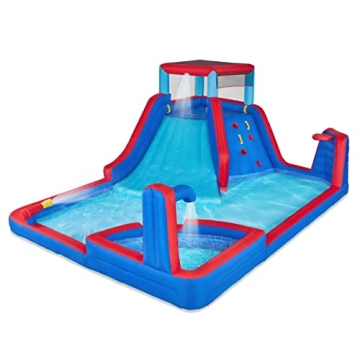 Sunny & Fun Four Corner Inflatable Water Slide Park – Heavy-Duty for Outdoor Fun - Climbing Wall, ...