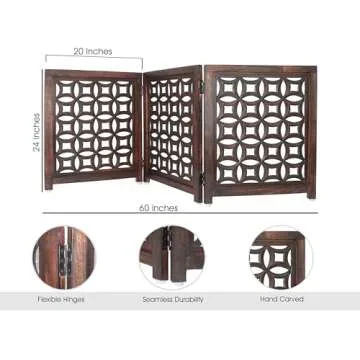 Wooden Foldable Pet Dog Safety Gate -3 Panels 20"Wx24"H- Hand Carved Solid Wood And MDF - Free Standing Portable Indoor Doorway Hall Stairs Dog Puppy Fence - Fully Assembled - Antique Brown -IRONGATE