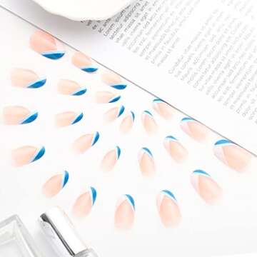 Aksod Glossy Oval Press on Nails Short Almond Fake Nails Pre Designed Cute V Shape French Nails Tips Full Cover Acrylic False Nails Sets for Women and Girls 24Pcs (C)