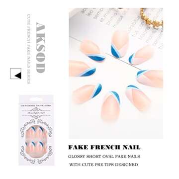 Aksod Glossy Oval Press on Nails Short Almond Fake Nails Pre Designed Cute V Shape French Nails Tips Full Cover Acrylic False Nails Sets for Women and Girls 24Pcs (C)