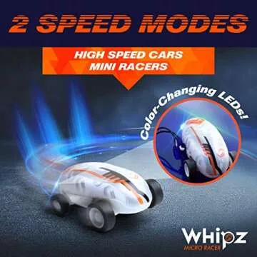 USA Toyz Whipz Micro Racers Toy Cars for Kids - Mini Keychain, Glow in The Dark LED Fast Pocket Racer Fidget Toy, Mini Car Spinner with Racing Stunt Ball, Keychain Clip, and USB Charger