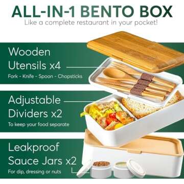 Umami Bento Box Adult All-In-1 w/4 Utensils, 2 Sauce Jars, 2 Dividers, Bamboo Lid, 100% Leakproof, M...