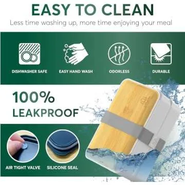Umami Bento Box Adult All-In-1 w/4 Utensils, 2 Sauce Jars, 2 Dividers, Bamboo Lid, 100% Leakproof, Microwave & Dishwasher Safe Stackable Bento Lunch Box Containers for Men/Women, White Bamboo, 40 oz