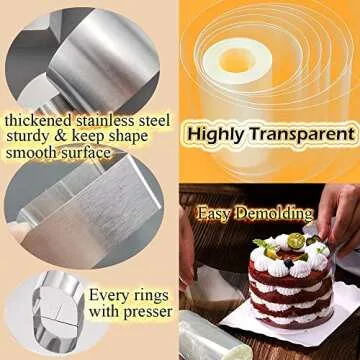 DATANYA 9Pack 3.15‘’ Food Rings Molds with 3 Inch Cake Collars Stainless Steel Cake Rings Round & Square Cooking Ring Molds with Pressers, Transparent Acetate Sheet Cake Rolls for Baking Pastry