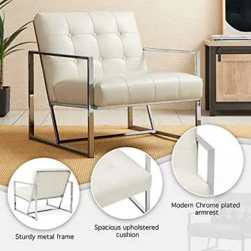 Glitzhome Mid Century Modern Accent Chair, Modern Living Room Chairs with Durable Metal Frame,PU Leather Cushioned, Reading Armchairs for Living Room, Bed Room, Home Office, Off White