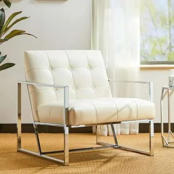 Glitzhome Mid Century Modern Accent Chair, Modern Living Room Chairs with Durable Metal Frame,PU Leather Cushioned, Reading Armchairs for Living Room, Bed Room, Home Office, Off White