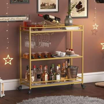 Lifewit Bar Cart Gold, 3 Tier Wine Rolling Cart with Lockable Wheels, 12 Glass Holders and 4 Wine Ra...