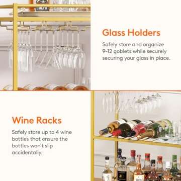 Lifewit Bar Cart Gold, 3 Tier Wine Rolling Cart with Lockable Wheels, 12 Glass Holders and 4 Wine Rack, Home Serving Drink Liquor Cart for Kitchen Dining Living Room, 31.6" x 13.1" x 33.9", Gold