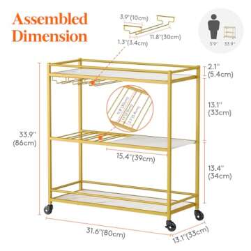 Lifewit Bar Cart Gold, 3 Tier Wine Rolling Cart with Lockable Wheels, 12 Glass Holders and 4 Wine Rack, Home Serving Drink Liquor Cart for Kitchen Dining Living Room, 31.6" x 13.1" x 33.9", Gold