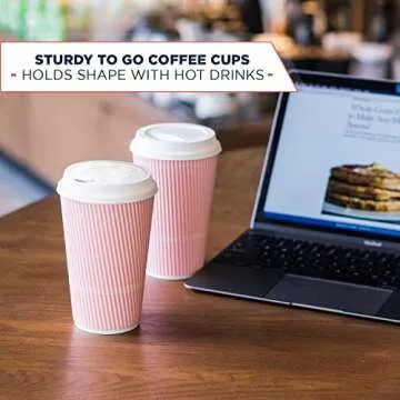 Glowcoast Disposable Coffee Cups With Lids - 16 oz To Go Coffee Cup (70 Pack). Large Travel Cups Hold Shape With Hot and Cold Drinks, No Leaks! Insulated Ripple Cups Protect Hands, No Sleeves needed!